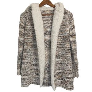 ALTAR’D State Eyelash Chenille Sherpa brown & cream hooded open Cardigan sweater